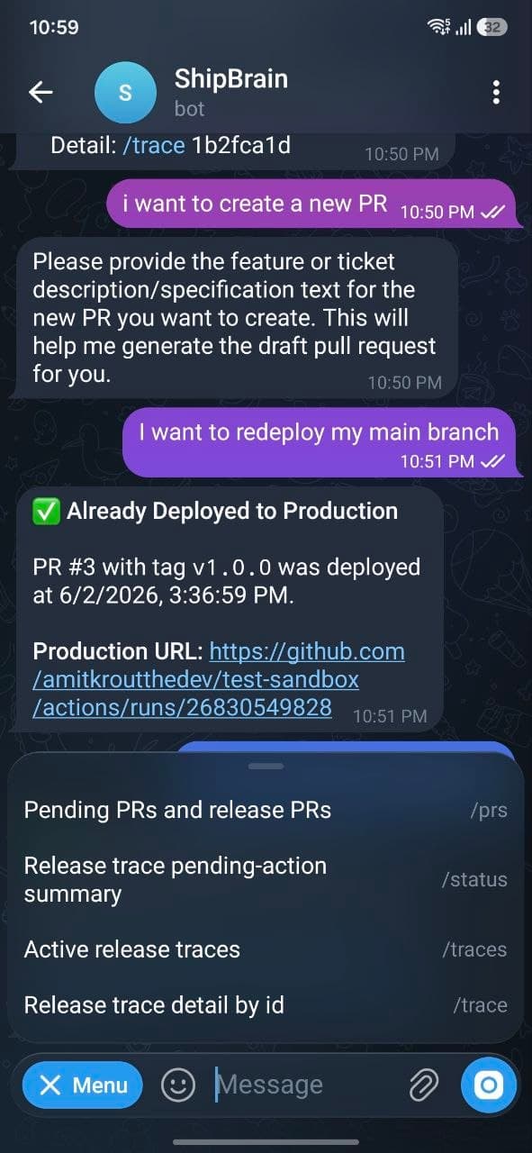 ShipBrain Telegram bot — approving a deploy